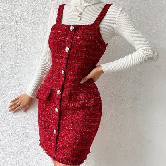 Red Preppy Womens Button Front Raw Hem Tweed Overall Dress - Picture 3 of 5
